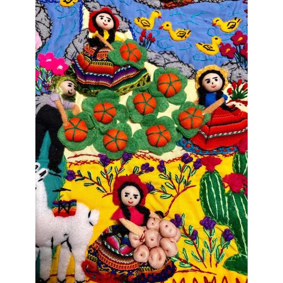 Handmade Peruvian Arpillera Wall Hanging Quilt 3D Folk Art Village Scene Decor - Picture 2 of 9